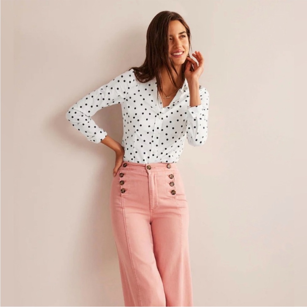 Boden Saskia Stretch Cotton Shirt Ivory Spaced Polka Dot Buttondown‎ Size 4P